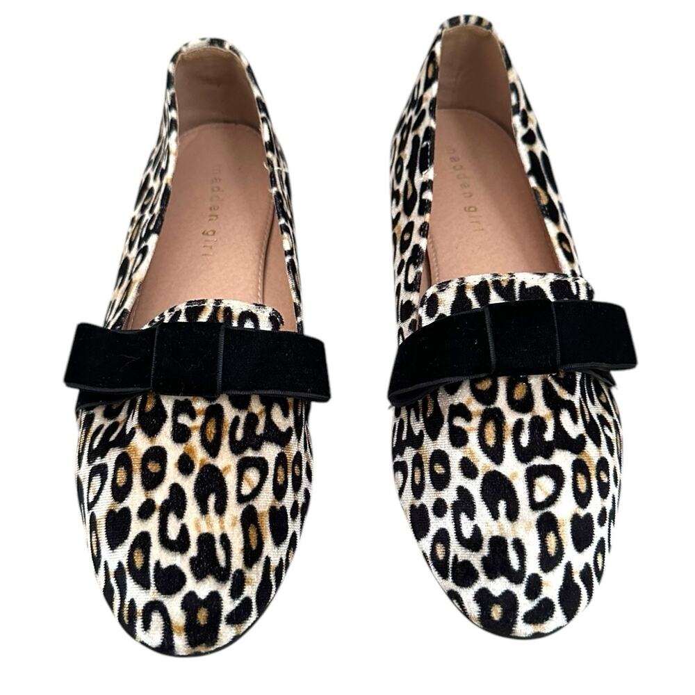 Madden Girl Women 7.5 Leopard Print Loafers Bow Accent Ballet Flats Velvet
